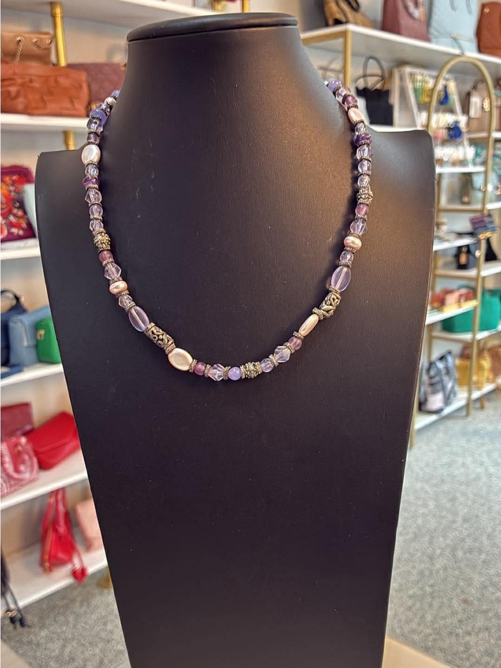 Purple Beaded Necklace with Pearl Accents